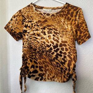 Animal Print Short Sleeved Top With Ruched Sides & Adjustable Ties- Brown/Tan